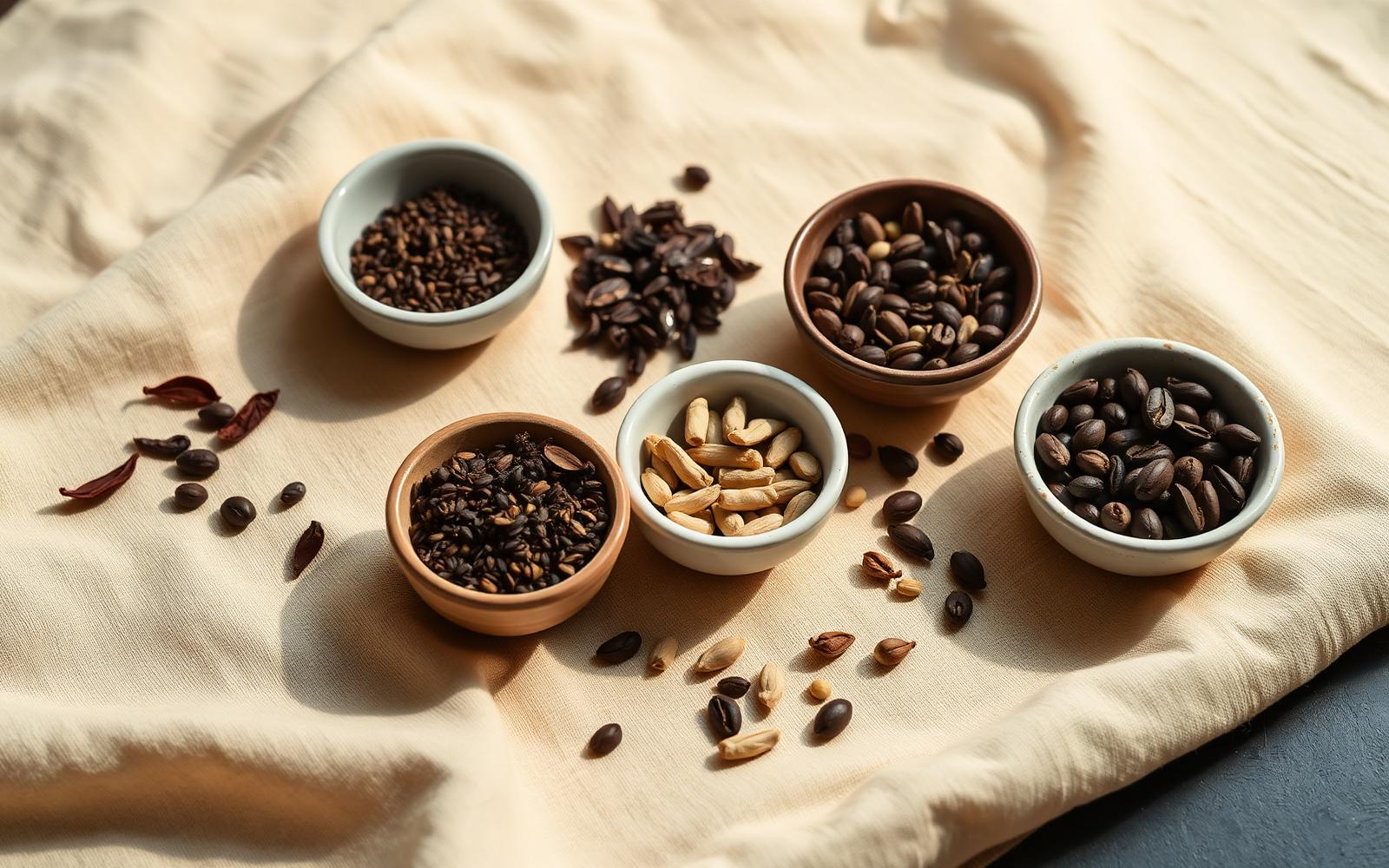 Kerala spices, tea and coffee in ceramic bowls on cream linen